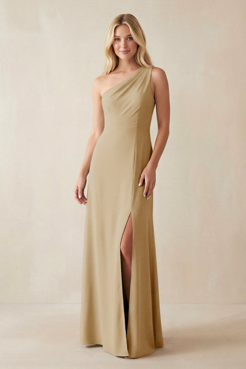 One - Shoulder Sheath Satin Bridesmaid Dress With Slit in Champagne - KissProm Bridesmaid Dresses
