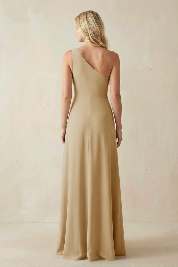 One - Shoulder Sheath Satin Bridesmaid Dress With Slit in Champagne - KissProm Bridesmaid Dresses