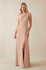 One - Shoulder Sheath Satin Bridesmaid Dress With Slit in Champagne Rose - KissProm Bridesmaid Dresses