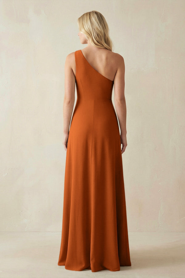 One - Shoulder Sheath Satin Bridesmaid Dress With Slit in Cinnamon - KissProm Bridesmaid Dresses