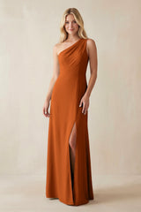 One - Shoulder Sheath Satin Bridesmaid Dress With Slit in Cinnamon - KissProm Bridesmaid Dresses