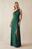 One - Shoulder Sheath Satin Bridesmaid Dress With Slit in Dark Green - KissProm Bridesmaid Dresses