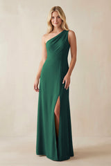 One - Shoulder Sheath Satin Bridesmaid Dress With Slit in Dark Green - KissProm Bridesmaid Dresses