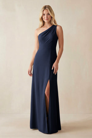 One - Shoulder Sheath Satin Bridesmaid Dress With Slit in Dark Navy - KissProm Bridesmaid Dresses