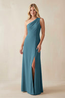 One - Shoulder Sheath Satin Bridesmaid Dress With Slit in Dark Teal - KissProm Bridesmaid Dresses