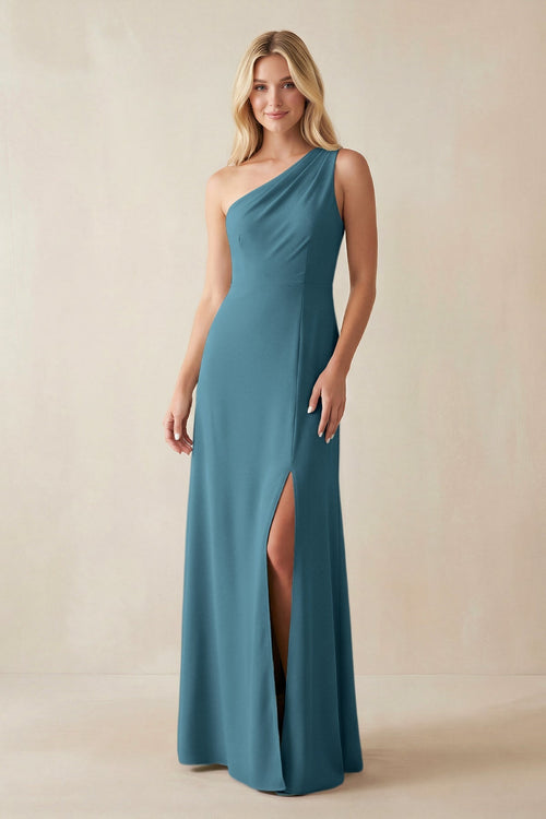 One - Shoulder Sheath Satin Bridesmaid Dress With Slit in Dark Teal - KissProm Bridesmaid Dresses