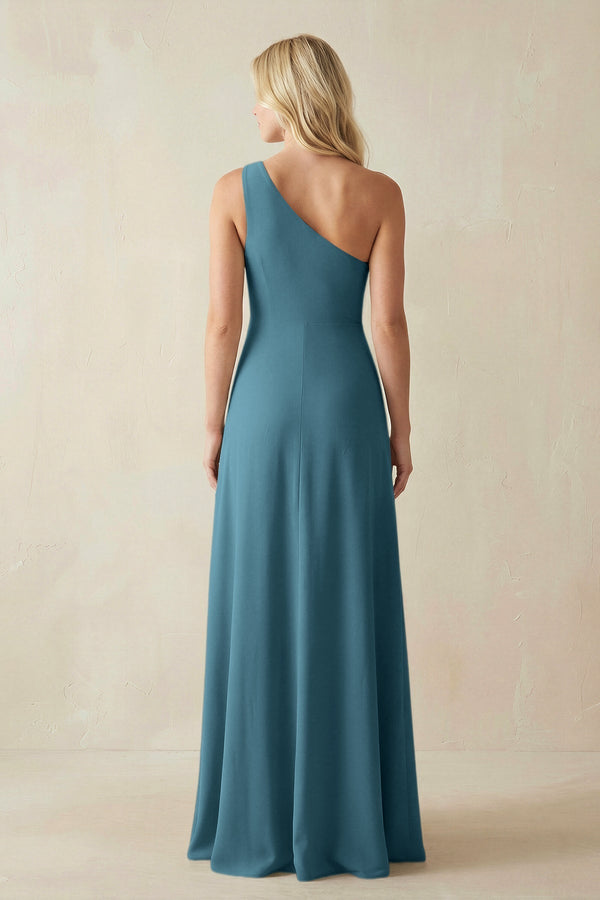 One - Shoulder Sheath Satin Bridesmaid Dress With Slit in Dark Teal - KissProm Bridesmaid Dresses