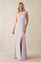 One - Shoulder Sheath Satin Bridesmaid Dress With Slit in Dusk - KissProm Bridesmaid Dresses