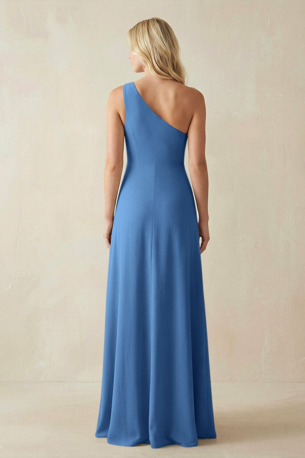 One - Shoulder Sheath Satin Bridesmaid Dress With Slit in Dusty Blue - KissProm Bridesmaid Dresses