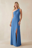 One - Shoulder Sheath Satin Bridesmaid Dress With Slit in Dusty Blue - KissProm Bridesmaid Dresses