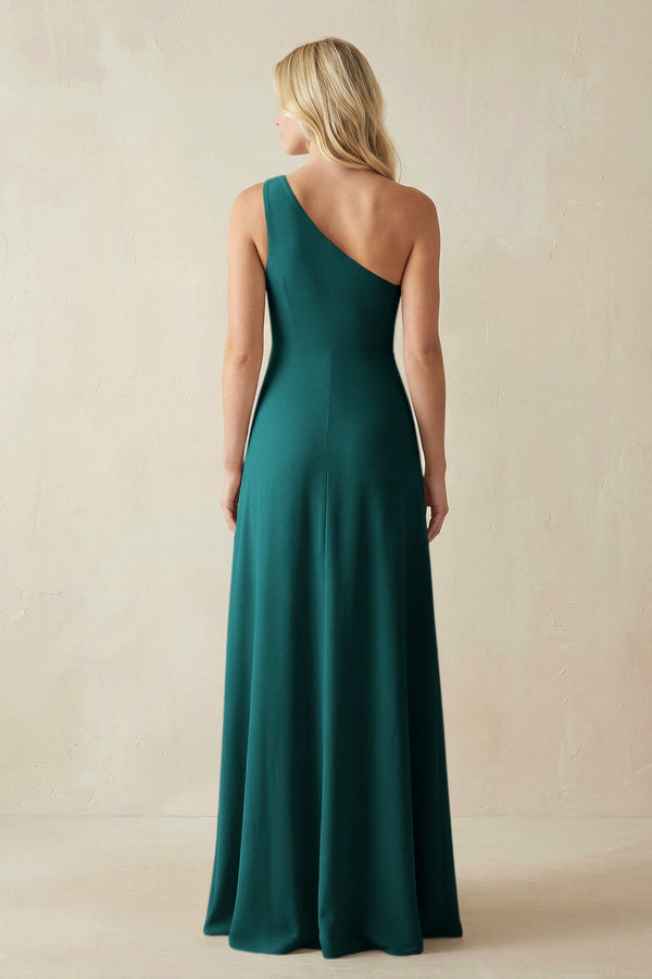 One - Shoulder Sheath Satin Bridesmaid Dress With Slit in Emerald - KissProm Bridesmaid Dresses