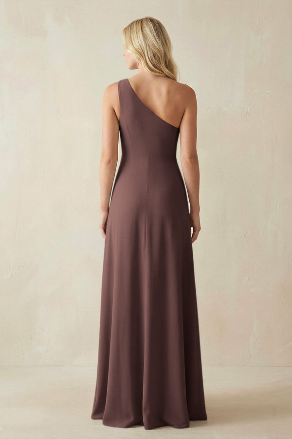 One - Shoulder Sheath Satin Bridesmaid Dress With Slit in Espresso - KissProm Bridesmaid Dresses
