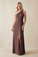 One - Shoulder Sheath Satin Bridesmaid Dress With Slit in Espresso - KissProm Bridesmaid Dresses