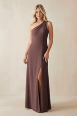 One - Shoulder Sheath Satin Bridesmaid Dress With Slit in Espresso - KissProm Bridesmaid Dresses