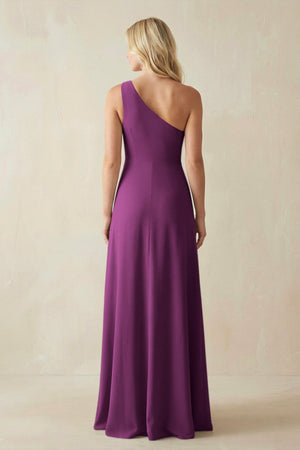 One - Shoulder Sheath Satin Bridesmaid Dress With Slit in Fig - KissProm Bridesmaid Dresses
