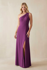 One - Shoulder Sheath Satin Bridesmaid Dress With Slit in Fig - KissProm Bridesmaid Dresses