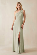 One - Shoulder Sheath Satin Bridesmaid Dress With Slit in Frost - KissProm Bridesmaid Dresses