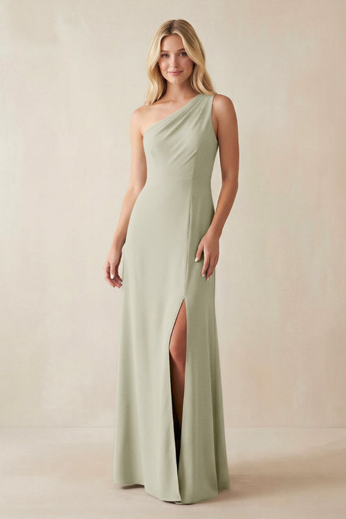 One - Shoulder Sheath Satin Bridesmaid Dress With Slit in Frost - KissProm Bridesmaid Dresses