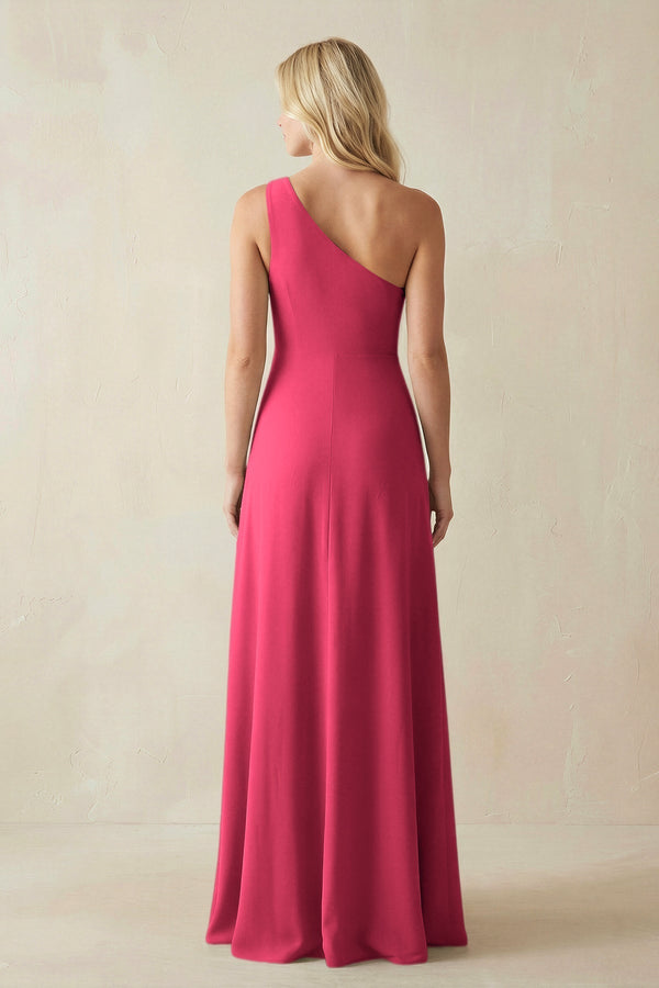 One - Shoulder Sheath Satin Bridesmaid Dress With Slit in Fuchsia - KissProm Bridesmaid Dresses