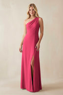 One - Shoulder Sheath Satin Bridesmaid Dress With Slit in Fuchsia - KissProm Bridesmaid Dresses