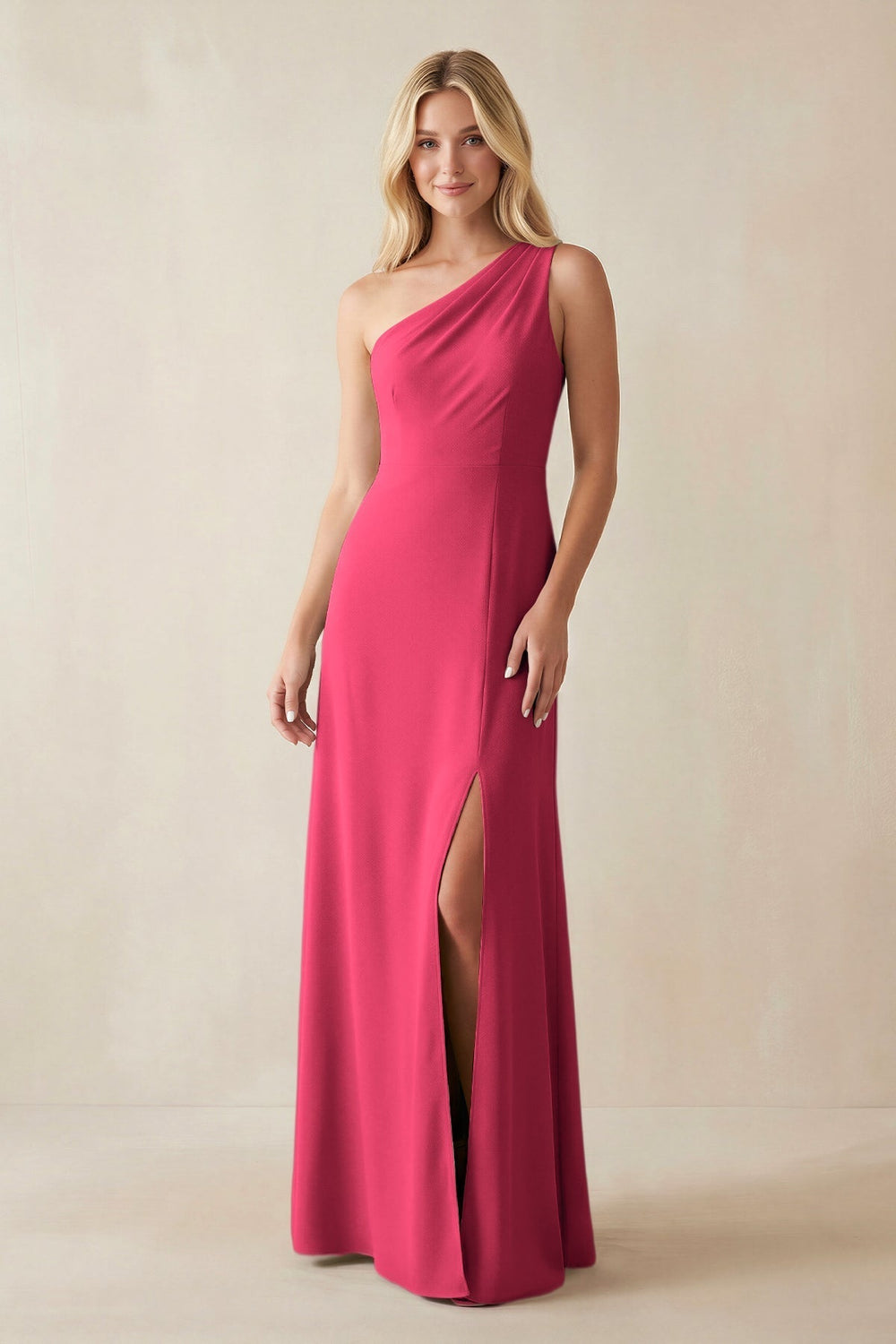 One - Shoulder Sheath Satin Bridesmaid Dress With Slit in Fuchsia - KissProm Bridesmaid Dresses