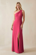 One - Shoulder Sheath Satin Bridesmaid Dress With Slit in Fuchsia - KissProm Bridesmaid Dresses