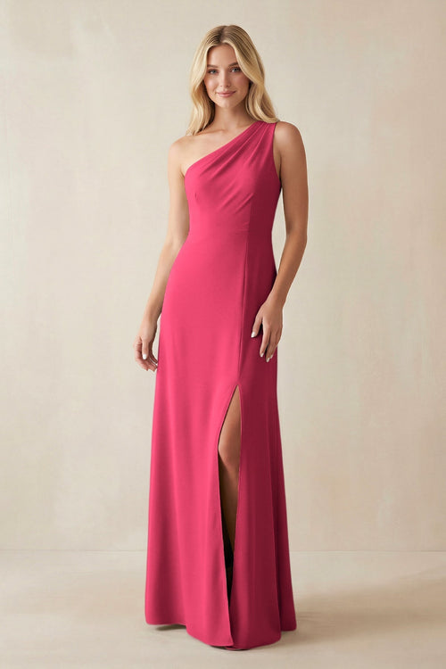 One - Shoulder Sheath Satin Bridesmaid Dress With Slit in Fuchsia - KissProm Bridesmaid Dresses