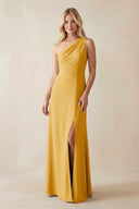 One - Shoulder Sheath Satin Bridesmaid Dress With Slit in Gold - KissProm Bridesmaid Dresses