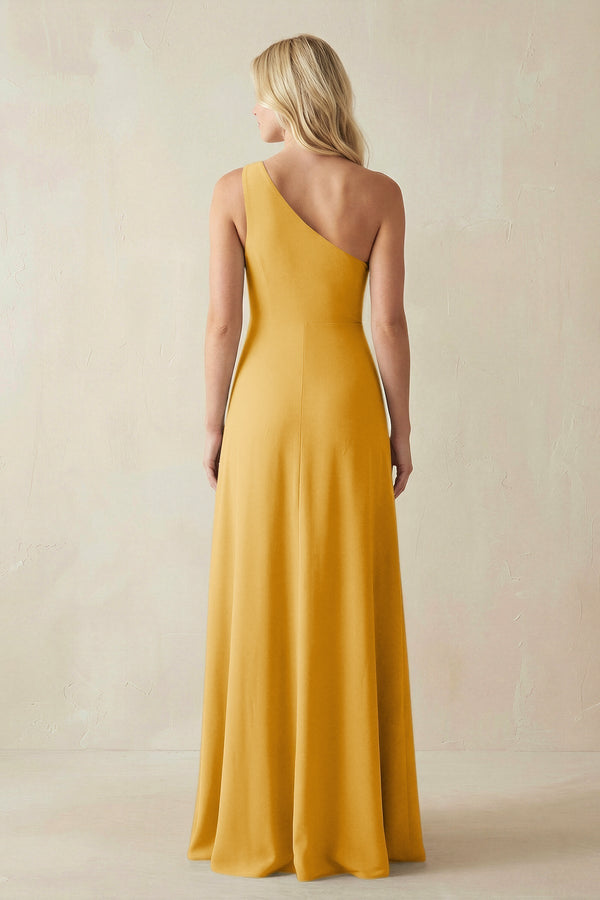 One - Shoulder Sheath Satin Bridesmaid Dress With Slit in Gold - KissProm Bridesmaid Dresses