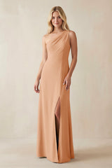 One - Shoulder Sheath Satin Bridesmaid Dress With Slit in Golden Champagne - KissProm Bridesmaid Dresses