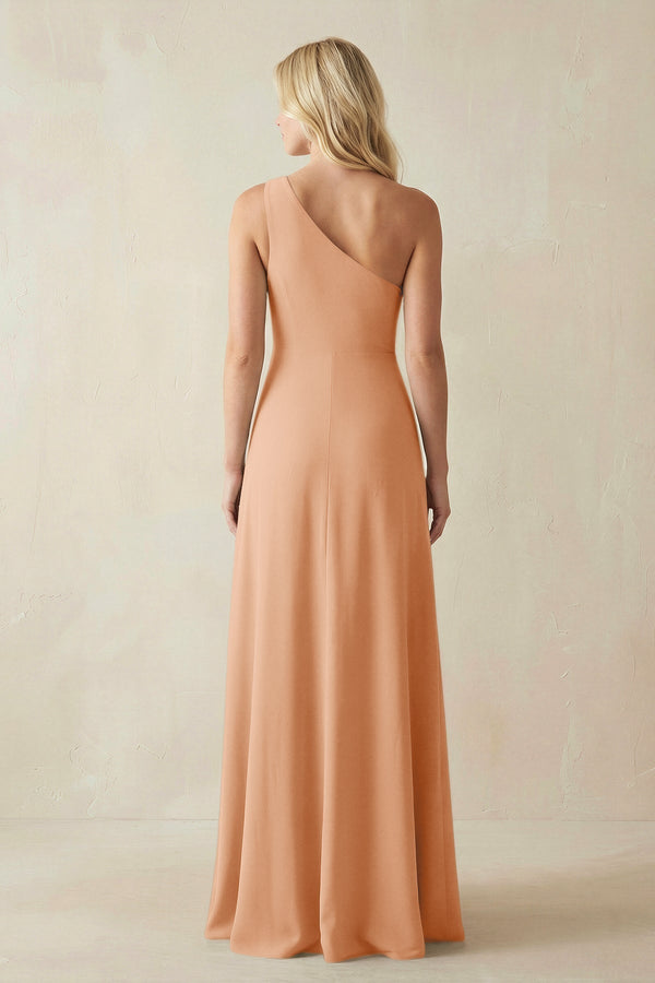 One - Shoulder Sheath Satin Bridesmaid Dress With Slit in Golden Champagne - KissProm Bridesmaid Dresses
