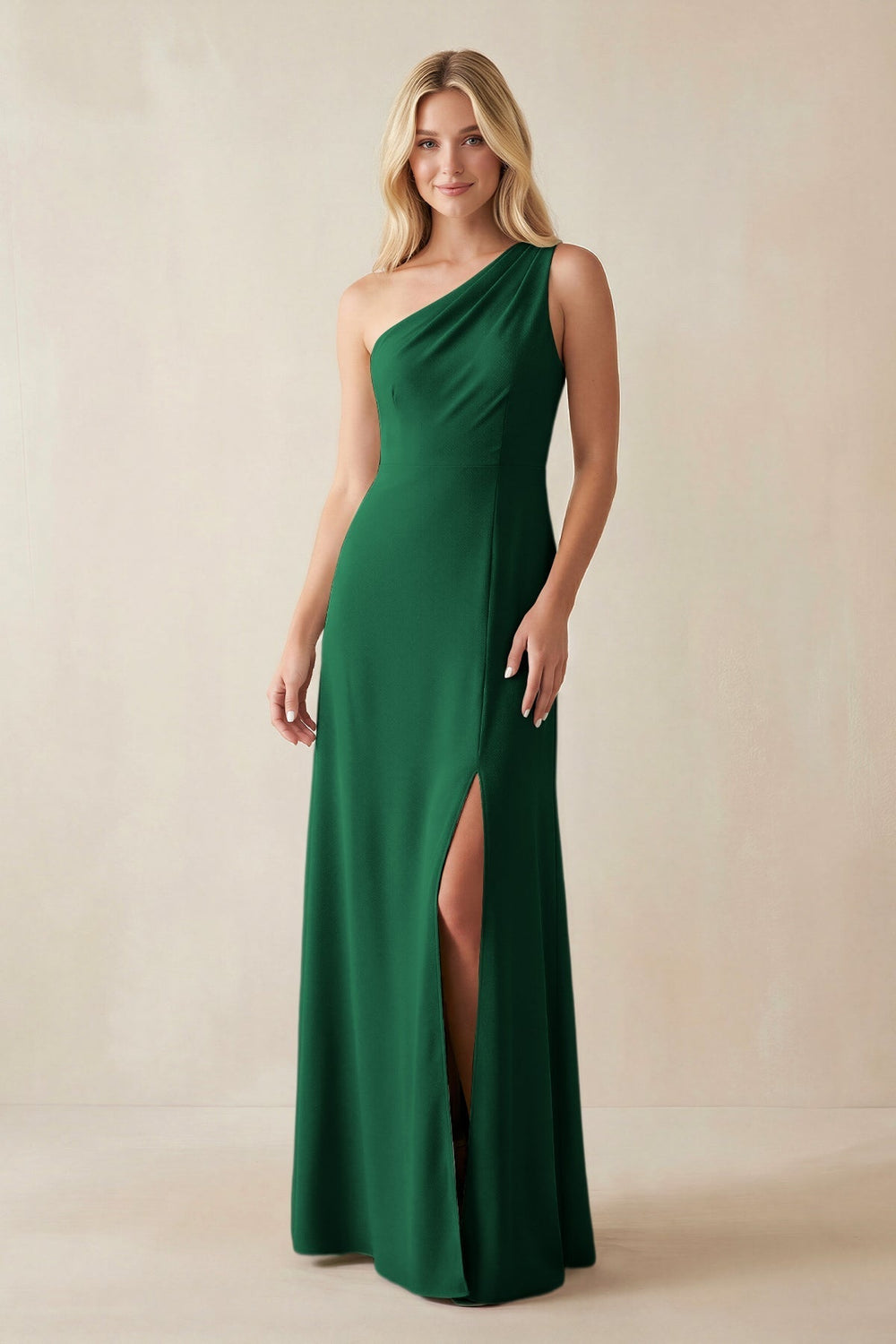 One - Shoulder Sheath Satin Bridesmaid Dress With Slit in Green - KissProm Bridesmaid Dresses