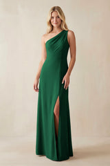 One - Shoulder Sheath Satin Bridesmaid Dress With Slit in Green - KissProm Bridesmaid Dresses
