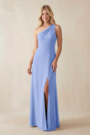 One - Shoulder Sheath Satin Bridesmaid Dress With Slit in Ice - KissProm Bridesmaid Dresses
