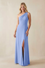 One - Shoulder Sheath Satin Bridesmaid Dress With Slit in Ice - KissProm Bridesmaid Dresses