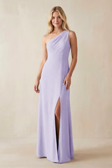 One - Shoulder Sheath Satin Bridesmaid Dress With Slit in Lavender - KissProm Bridesmaid Dresses