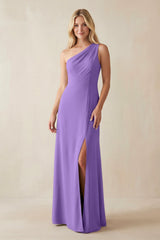 One - Shoulder Sheath Satin Bridesmaid Dress With Slit in Lilac - KissProm Bridesmaid Dresses