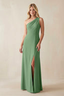 One - Shoulder Sheath Satin Bridesmaid Dress With Slit in Matcha - KissProm Bridesmaid Dresses