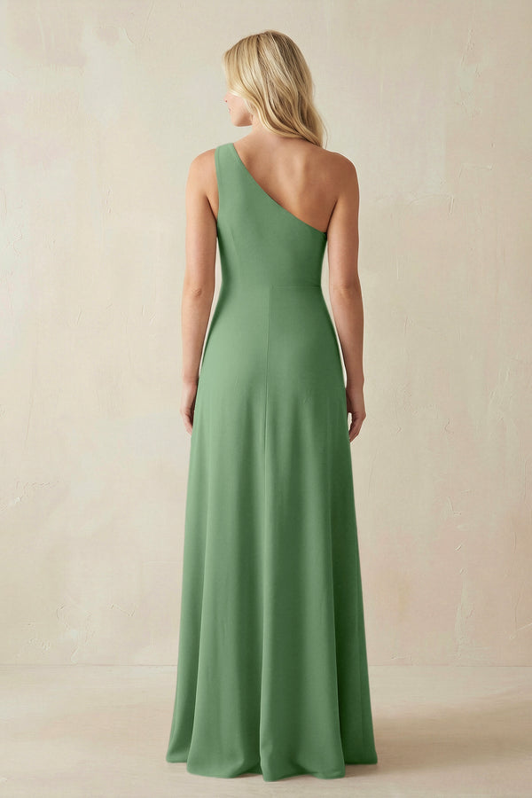 One - Shoulder Sheath Satin Bridesmaid Dress With Slit in Matcha - KissProm Bridesmaid Dresses