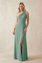 One - Shoulder Sheath Satin Bridesmaid Dress With Slit in Mint Green - KissProm Bridesmaid Dresses
