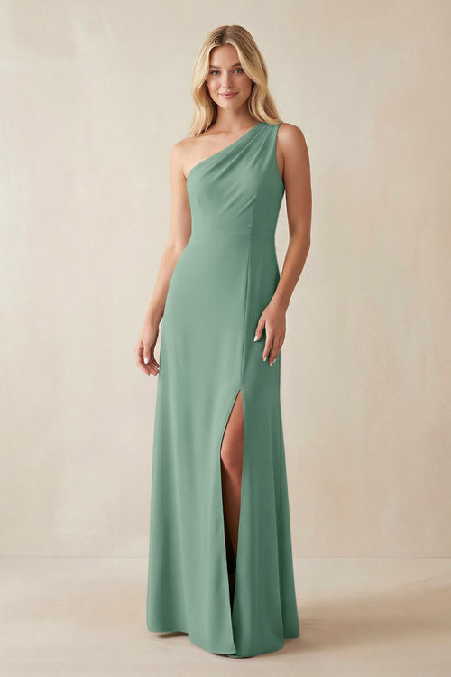 One - Shoulder Sheath Satin Bridesmaid Dress With Slit in Mint Green - KissProm Bridesmaid Dresses