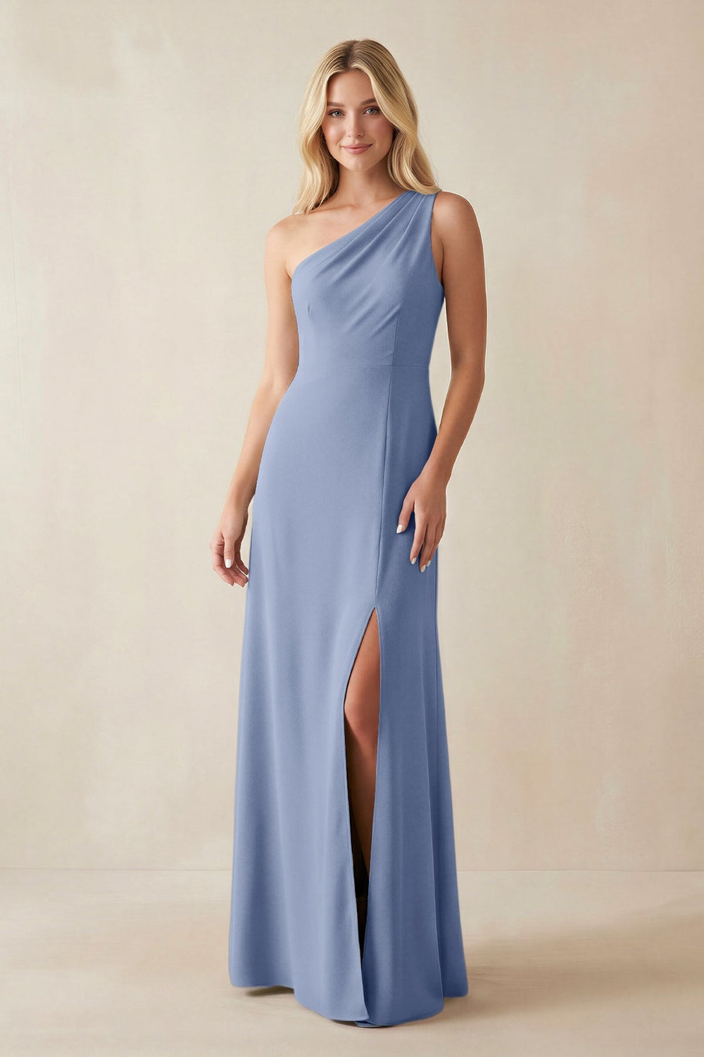 One - Shoulder Sheath Satin Bridesmaid Dress With Slit in Mist - KissProm Bridesmaid Dresses
