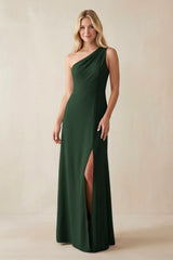 One - Shoulder Sheath Satin Bridesmaid Dress With Slit in Moss - KissProm Bridesmaid Dresses