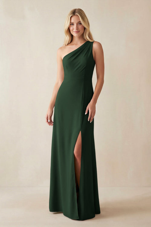 One - Shoulder Sheath Satin Bridesmaid Dress With Slit in Moss - KissProm Bridesmaid Dresses