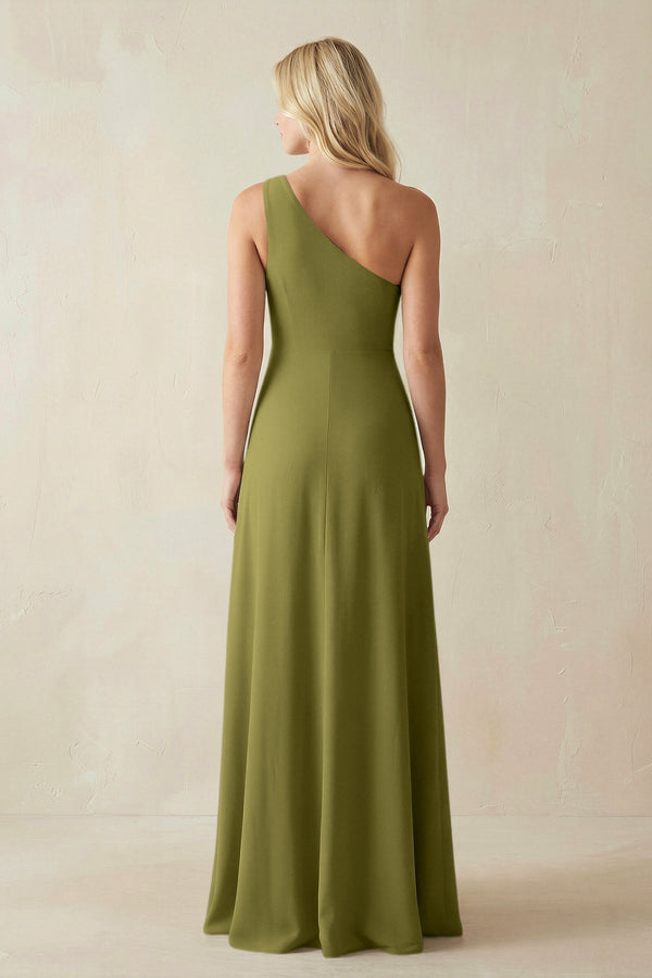 One - Shoulder Sheath Satin Bridesmaid Dress With Slit in Moss Green - KissProm Bridesmaid Dresses