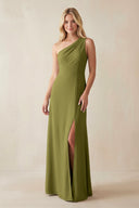 One - Shoulder Sheath Satin Bridesmaid Dress With Slit in Moss Green - KissProm Bridesmaid Dresses