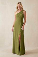 One - Shoulder Sheath Satin Bridesmaid Dress With Slit in Moss Green - KissProm Bridesmaid Dresses
