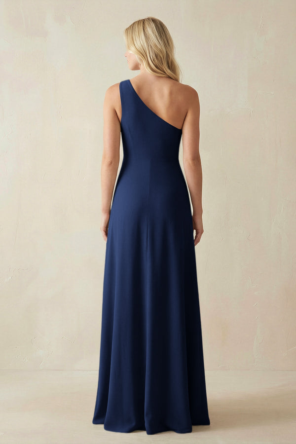 One - Shoulder Sheath Satin Bridesmaid Dress With Slit in Navy - KissProm Bridesmaid Dresses
