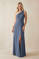 One - Shoulder Sheath Satin Bridesmaid Dress With Slit in Neptune - KissProm Bridesmaid Dresses