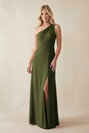 One - Shoulder Sheath Satin Bridesmaid Dress With Slit in Olive - KissProm Bridesmaid Dresses